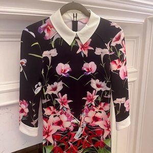 TED BAKER Mirrored Tropics black floral print collar shirt tunic day dress